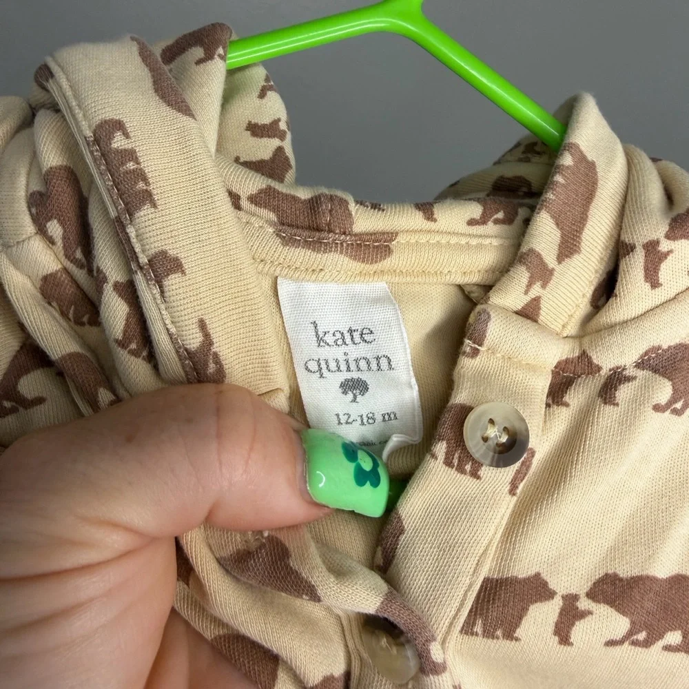 Kate Quinn Bear Print Hooded Baby One-Piece - Cream & Brown - Picture 4 of 4